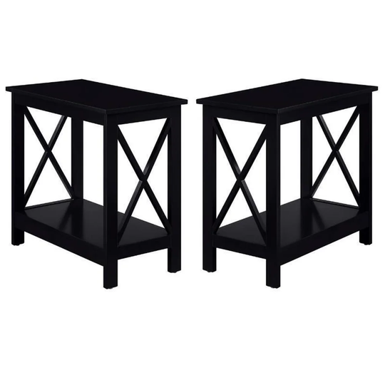 Chairside End Table with Shelf in Black Wood Finish - Set of 2 - 54 x 84