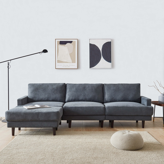 L Shape Sofa Polyester Padded 3 Seater Sofas Removable Back Cushions with Ottoman