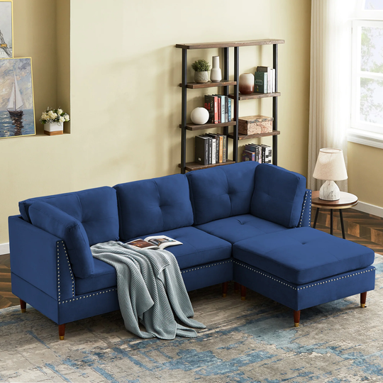 Sectional Sofa L-shaped Couch Velvet 3-seater Sofa with Ottoman and Nail Head