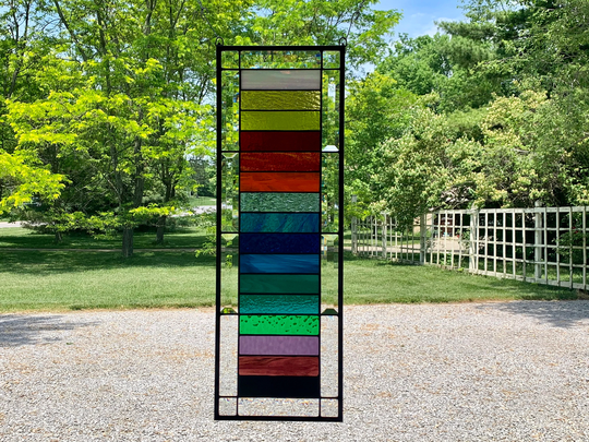 Honeydewglass Color Block Stained Glass Panel, 9 1/2" X 27 1/2", Wheel, Rainbow, Window Hanging, Sun Catcher, Vertical