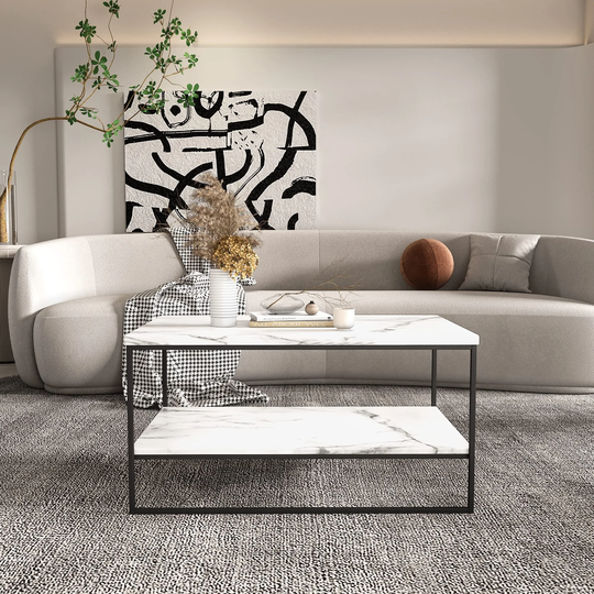 35" White Marble Coffee Table, Rectangle 2-Tier Center Table for Living Room, Faux Marble Cocktail Table with Storage