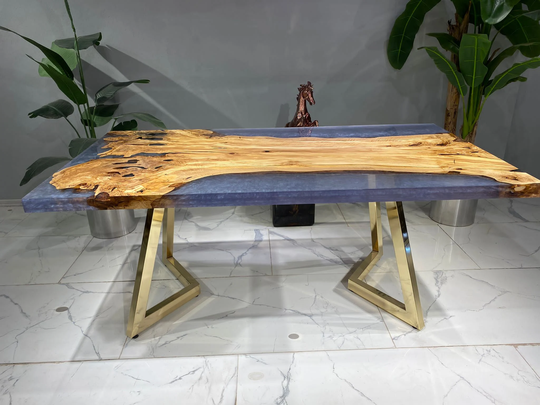 One Piece Olive Epoxy Dining Table, Natural Handmade Resin Wood, Blue Purple On Sides, Rare Single Slab, Custom River Wood