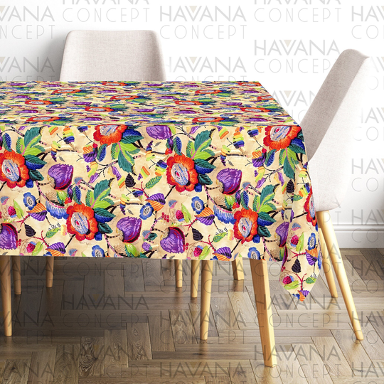 Boho Watercolor Floral Table Cloth, Orange Flowers Green Leaves Kitchen Decoration Linen, Square Or Rectangle Dining Linens