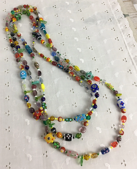Multi Strand Multi-Color Glass Necklace, Unique Long Statement Necklace