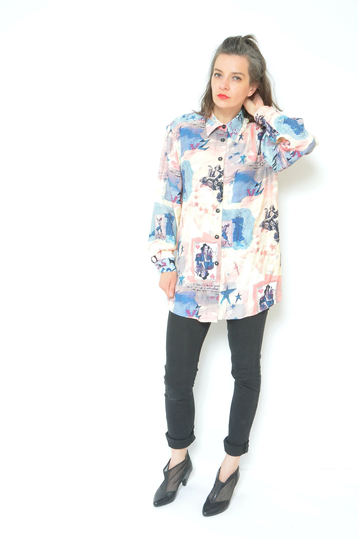 Cards Print Colorful Blouse/Vintage 90S Multi Color Abstract Long Sleeve Oversized Top - Size Large