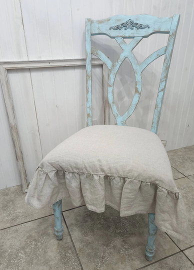 French Linen Chair Seat Covers With 3 Sided Ruffle in Natural Beige Color