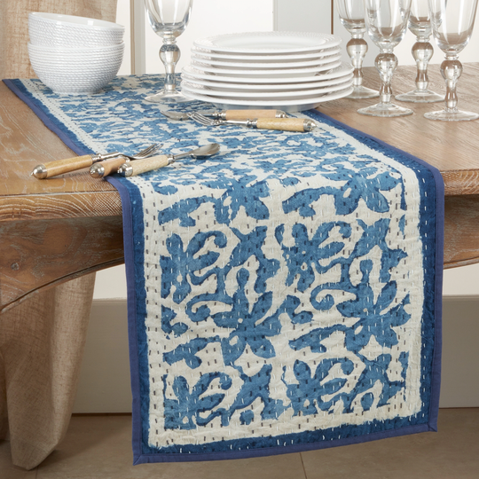 Floral Kantha Stitch Table Runner with Block Print