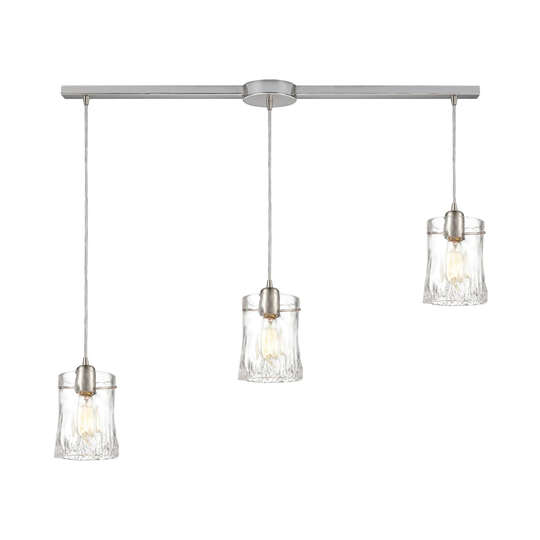 Hand Formed Glass 3-Light Linear Mini Pendant Fixture in Satin Nickel with Clear Hand-formed Glass