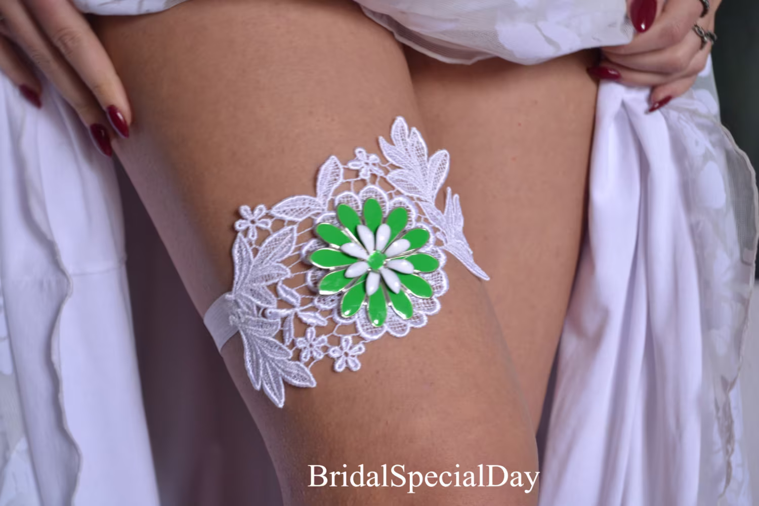 Lace Wedding Garter Set, White Garters Green Flower, Handmade Bridal Brides Flower