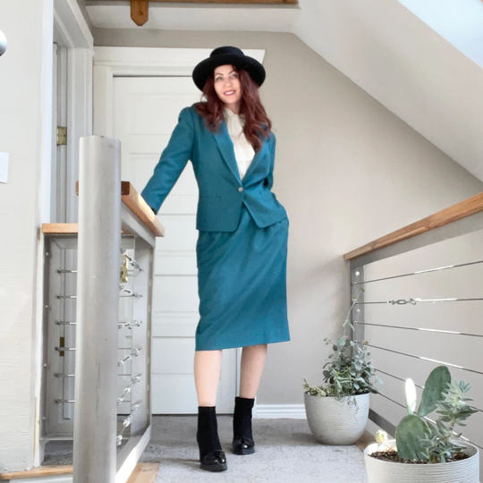 Vintage 80S Does 40S Pendleton Teal Wool Skirt Suit L Xl Blazer Pencil Midi Pockets