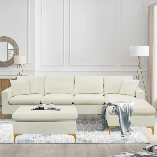 L-Shape Velvet Upholstered Couch Sectional Sofa with Ottoman