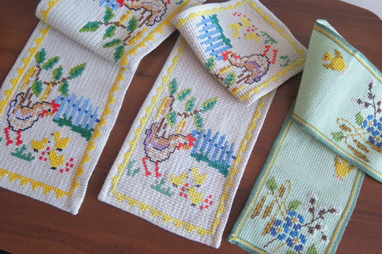 Easter Table Cloth, Vintage Embroidered Napkin, Handmade Spring Runner #5-17-23