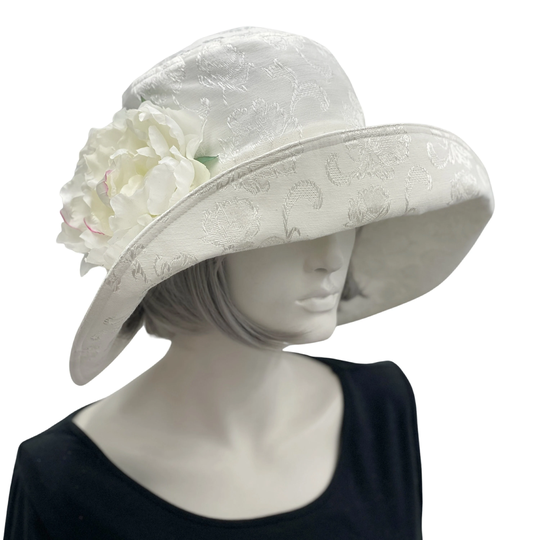 White Wedding Hat, Wide Brim Womens Formal & Special Occasion With Peony Flower Brooch, Handmade Usa