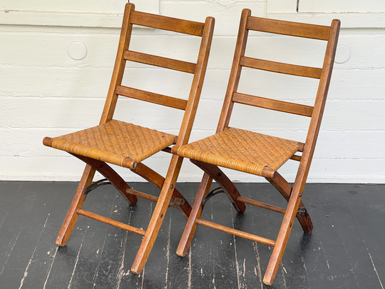 2 Wood Folding Chairs With Rattan Seats ~ Rare Antique Ladder Back Amazing Pair Of Farmhouse Antiques