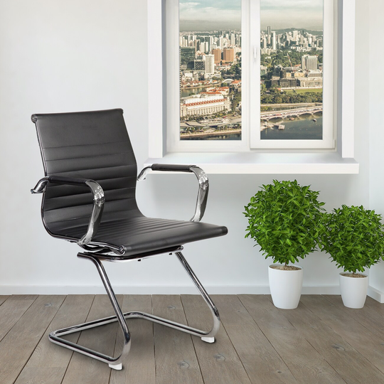Modern Black Polyurethane Office Chair have Curved Back, Chrome Frame and Arms, Visitor Chair with Ribbed Design