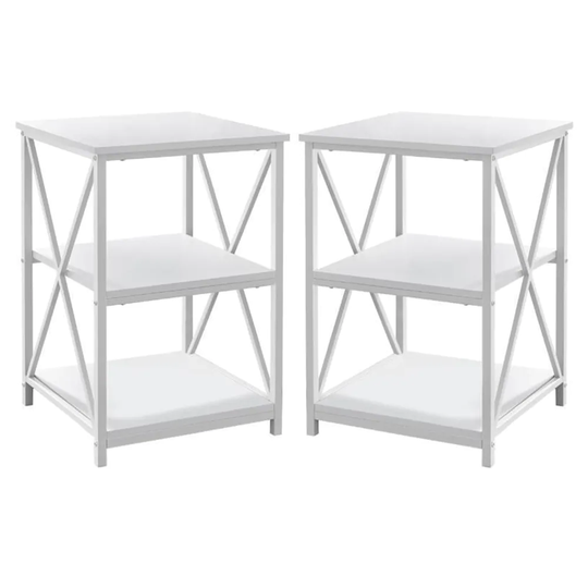 2 Shelf Modern Square Wood Top X Frame End Table in White - Set of 2 - 54 x 84