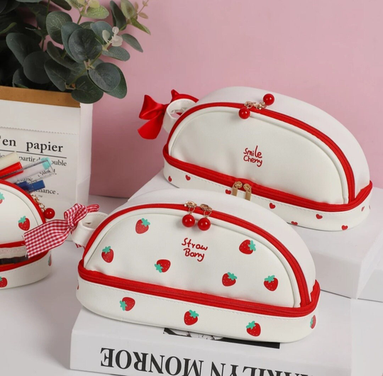 Double Layer Pencil Case, Strawberry, Cherry Pouch, Cosmetic Bag, Stationery Storage Gift, Pen Girls Party Favor