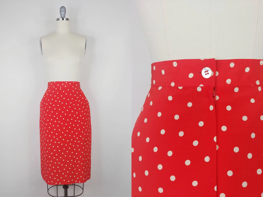 1980S Liz Claiborne Red & White Polka Dot Pencil Skirt | Vintage 80S High Waist Sheath Women's Clothing Medium