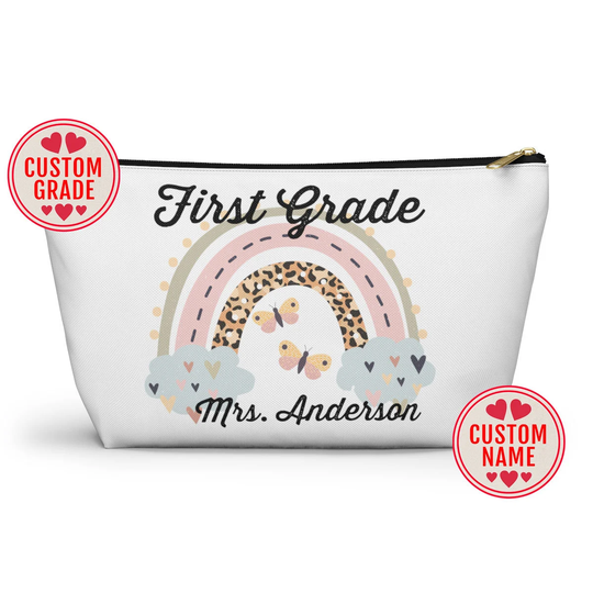 Personalized Teacher Pouch, Custom Kindergarten Teacher's Name Pencil Case Organizer, Grade Level, Appreciation, 2nd Grade, 5Th, 7Th