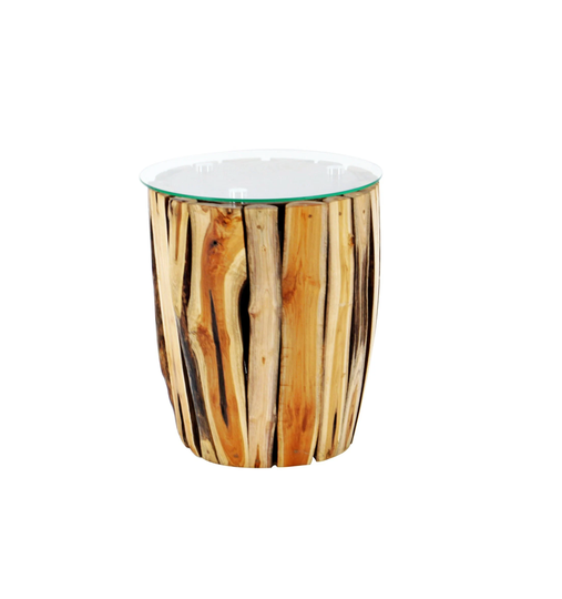 Wooden Side Table Rustic Brown Teak Wood Solid Branches Glass Top Handmade Accent