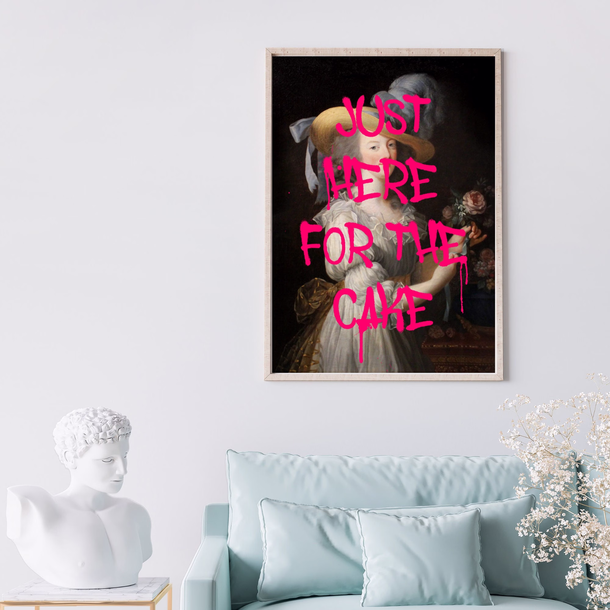 Just Here For The Cake Poster | Colorful Eclectic Funny Quote Maximalism Home Decor Bright Happy Fun Classical Art