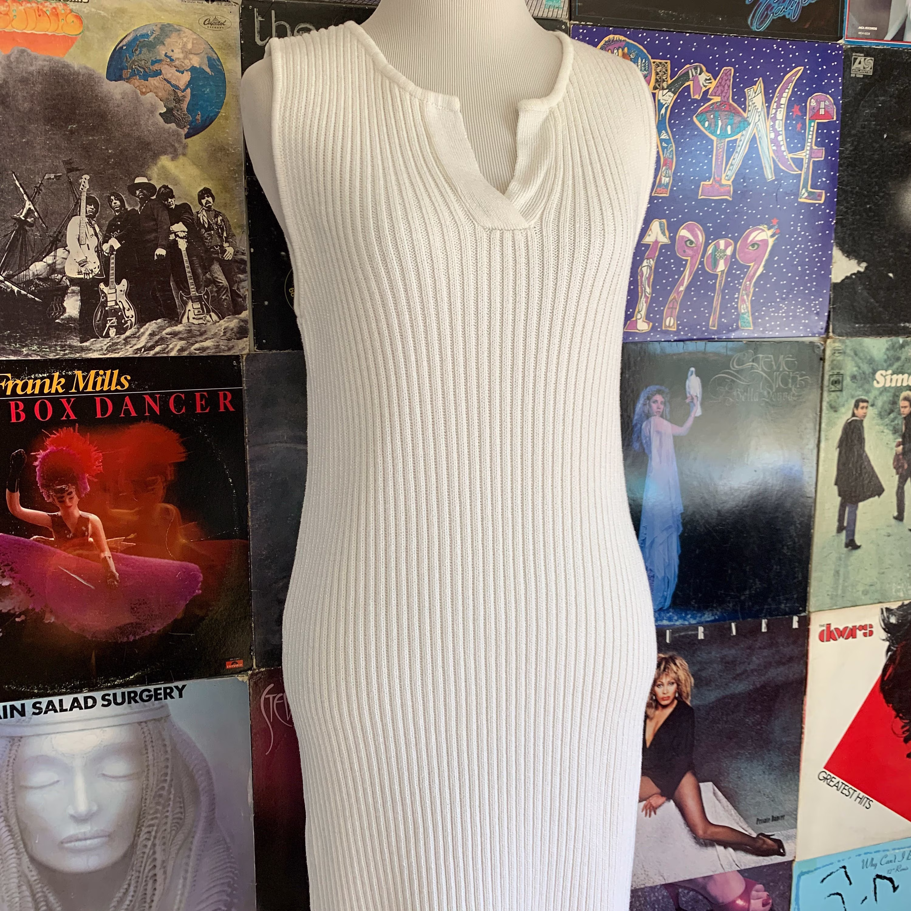 White Rib Knit Sleeveless Dress With V Neck Slit Vintage 1990S Ribbed Bodycon Stretchy Midi Size Medium