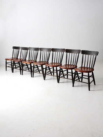 Antique Painted Plank Seat Chairs 7 Pc Collection