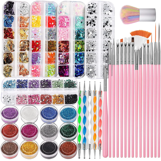 Complete Nail Art Kit Design Tools, Brushes, Dotting Pens, Fine Glitter, Butterfly, Heart Sequins, Foil Flakes, Rhinestones, Dust Brush