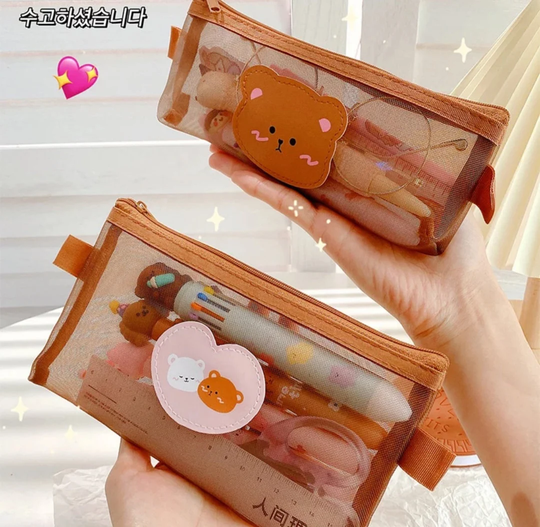 Transparent Brown Bear Pencil Case, Multifunctional Mesh Pen Bag, Stationery Holder, Storage Pouch, Party Favor