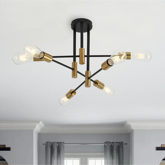Modern Black and Brass Sputnik Semi Flush Mount Light Fixture