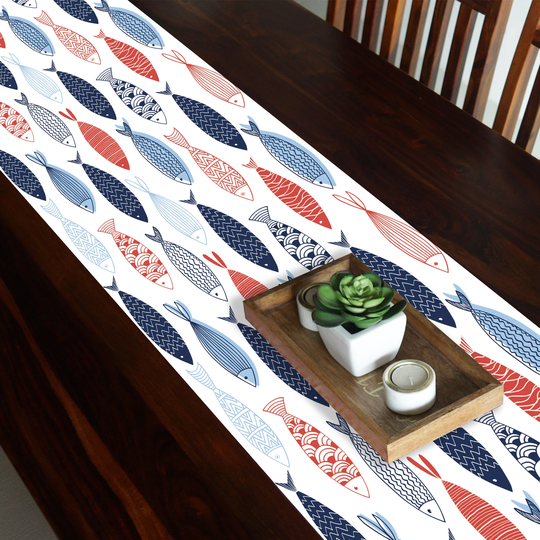 Fish Table Runner, Beach House Nautical Home Decor, White Clothes With Colorful