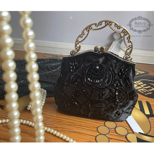 Vintage Black Beaded Flapper Evening Bag/1920S Gatsby Roaing Wedding Beaded Clutch Purses