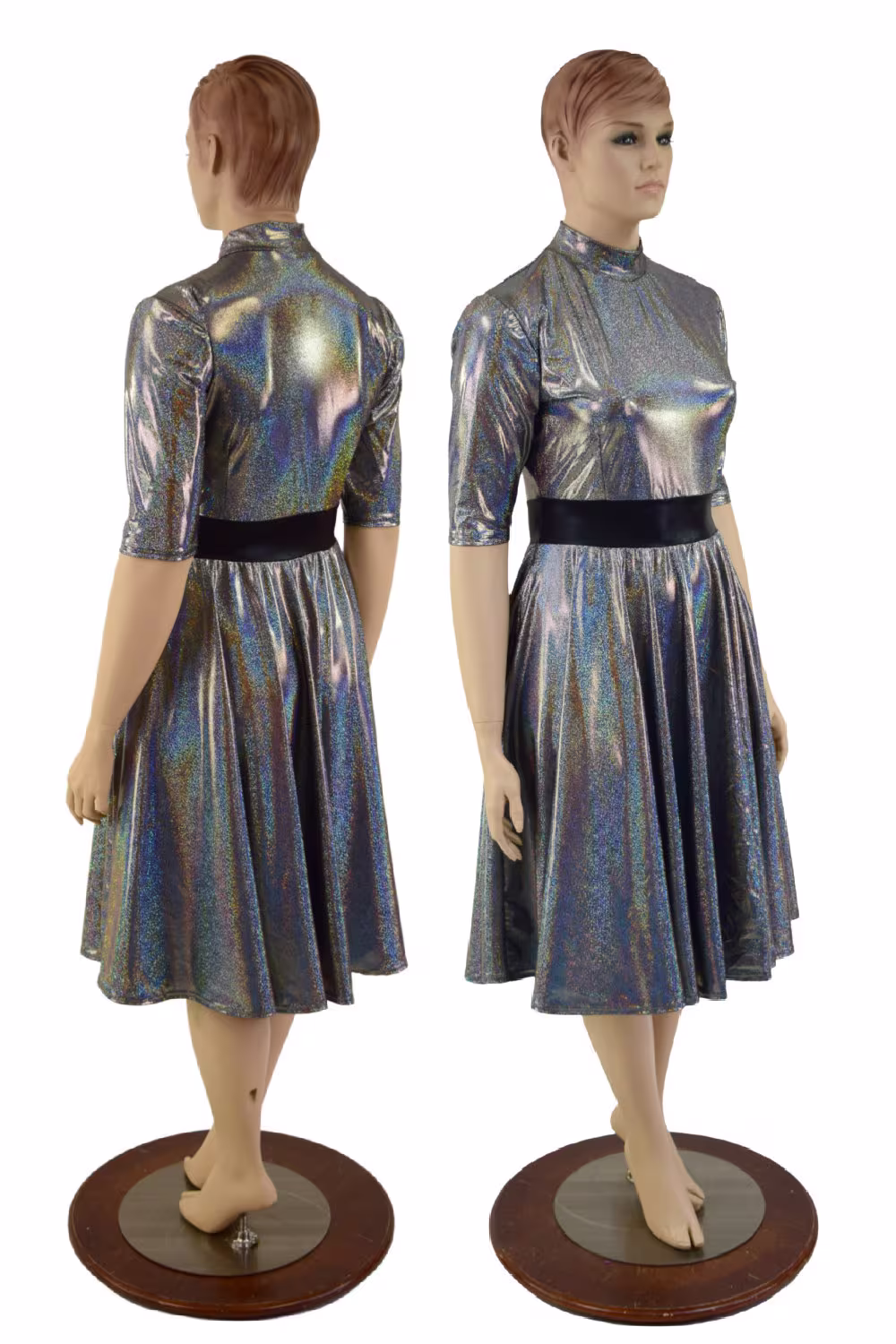 Tea Length Skater Dress With Pockets in Silver Holographic Black Mystique Waistband Short Stella Collar & Half Sleeves 157693