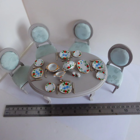 Oval Dining Table + 4 Chairs With Dinner Service & Cutlery Dolls House Miniature Accessory