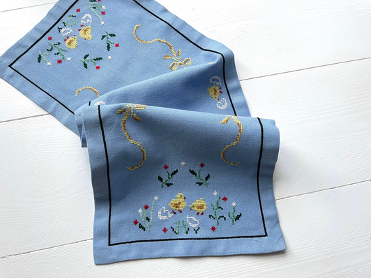 Cross Stitch Table Runner With Baby Chicks, Flowers & Bows - Handmade Linen Vintage Made in Denmark 60S Or 70S Handmade