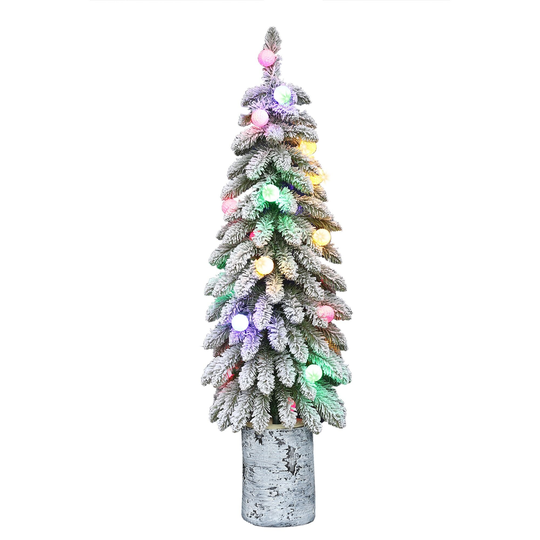 4' Potted Flocked Alpine Pencil Artificial Tree Multicolor Lights - 4 Foot