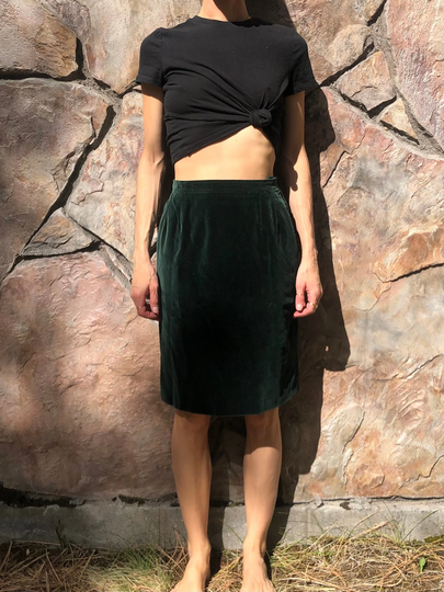 80S Yves Saint Laurent Dark Green Velvet Pencil Skirt With Pockets