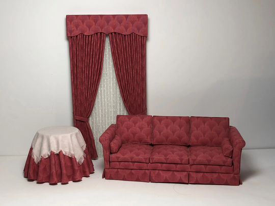 One Inch Scale, Three-Piece Set With Sofa, Drapery & Skirted Table, By Marge Hart