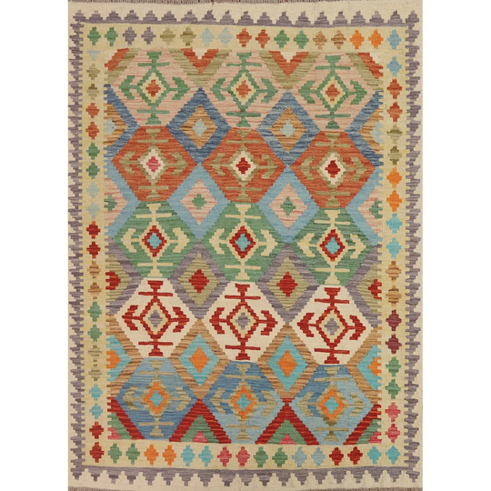 Colorful Kilim Geometric Area Rug Hand-woven Wool Carpet - 5'2" x 6'5"