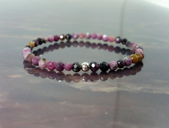 Dainty Tourmaline Faceted Bracelet 4mm + Sterling Silver Bead, Natural Gemstone Bracelet, Stretch Beaded For Women Or Girl +Gift Bag