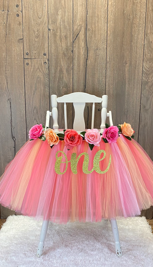 High Chair Banner Tutu, Peach & Coral Highchair Girls 1st Birthday Smash Cake Party Decor, Sweet Sunshine Floral First