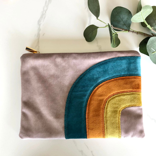 Handmade Velvet Rainbow Applique Makeup Bag, Zipped Purse, Clutch, Pencil Case