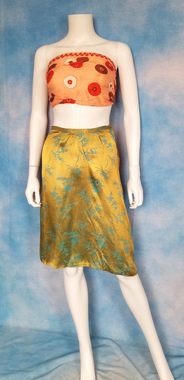 Vintage 60S Gold & Turquoise Brocade Knee Length Pencil Wiggle Skirt, Chrysanthemums, Grass Bamboo/ Size Xs | 24" Waist