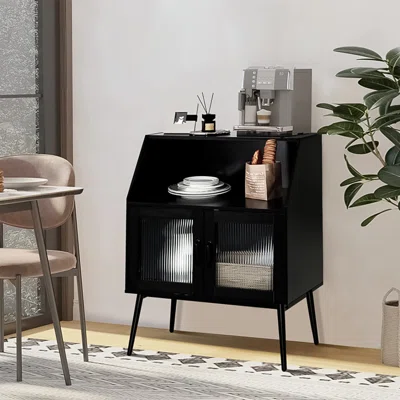 Mid-Century Modern Kitchen Sideboard Buffet With Glass Doors