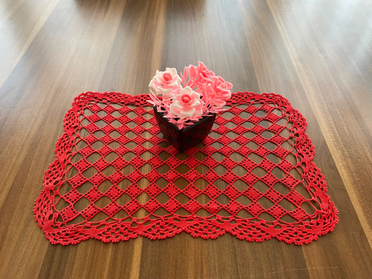 Red Lace Tablecloth, Vintage Table Cover, Wall Decor, Textile, Hand Knitted Coffee Table Or Tablecloth With Cotton Rope