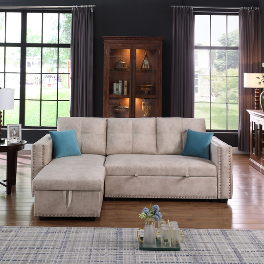 CTEX Reversible Sleeper Sectional Storage Sofa Bed,Corner Sofa-Bed With Storage,3 Seat, Nailheaded Decorate