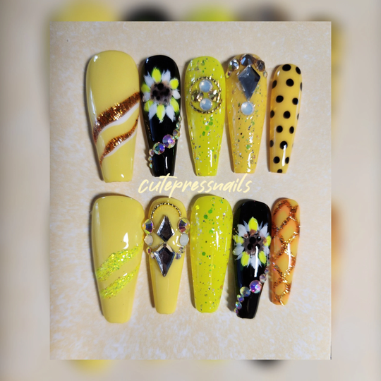 Sunflower Long Coffin Press On Nails | Luxury Yellow Nails Flower