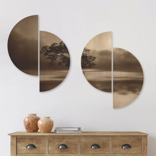 Designart 'Alone Tree on Island in Sepia' Landscape Wood Wall Art Set of 4 Half Circles - Multi-Color