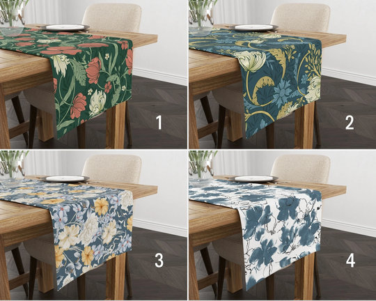 Floral Boho Table Runner, Flower Pattern Kitchen Blue & Green Tablecloth, Bohemian Cover, Textile, Gift For Her
