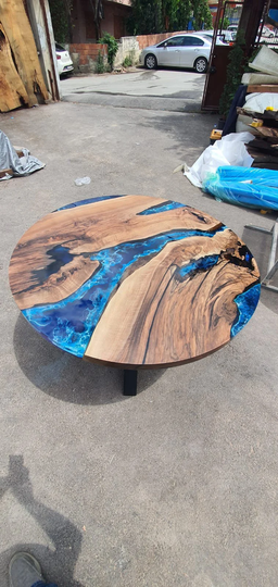 Round Dining Table, Custom 48" Diameter Walnut Wood Blue, Turquoise, White Waves Epoxy Order For Lindsey Cha